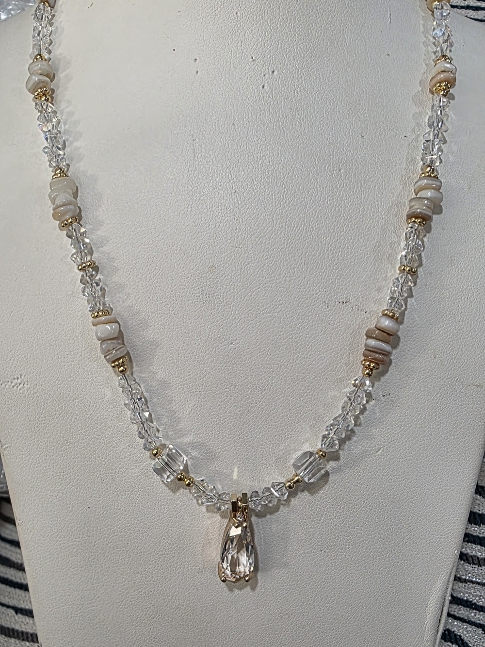 Stainless Steel Crystal and Shell Bead Necklace with Clear Teardrop Pendant